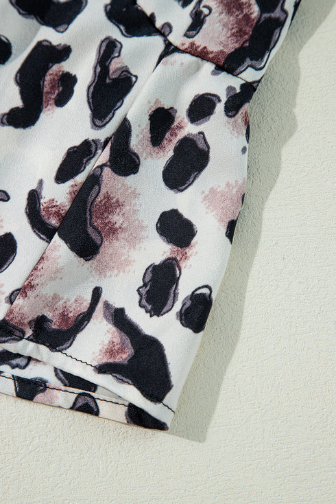 Leopard Print Buttoned Front 3/4 Sleeve Tiered Ruffled Hem Dress